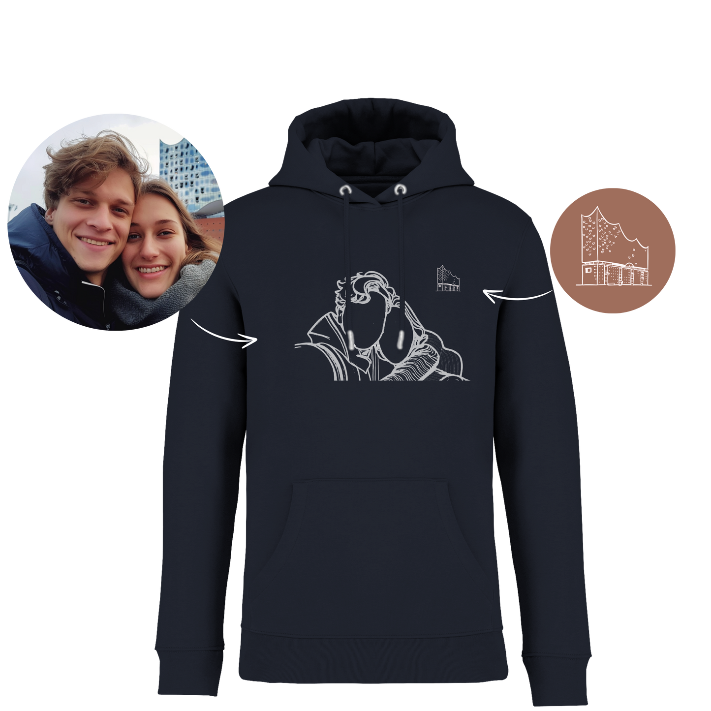 Personalisierter Kaputzenpullover/Hoodie mit Fotodruck | Partner | Outline | Line Art Foto |Souvenir  Geschenk | Jahrestag | Mitbringsel